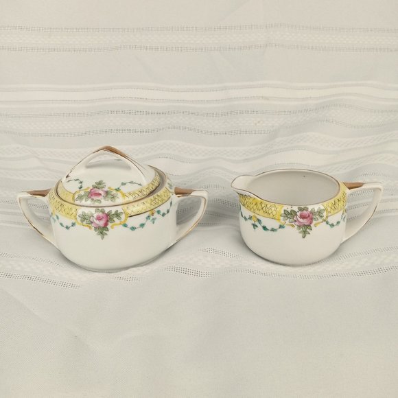 Vintage Noritake Morimura Hand Painted Sugar & Creamer Set Pink Rose Vine Yellow - Picture 1 of 10